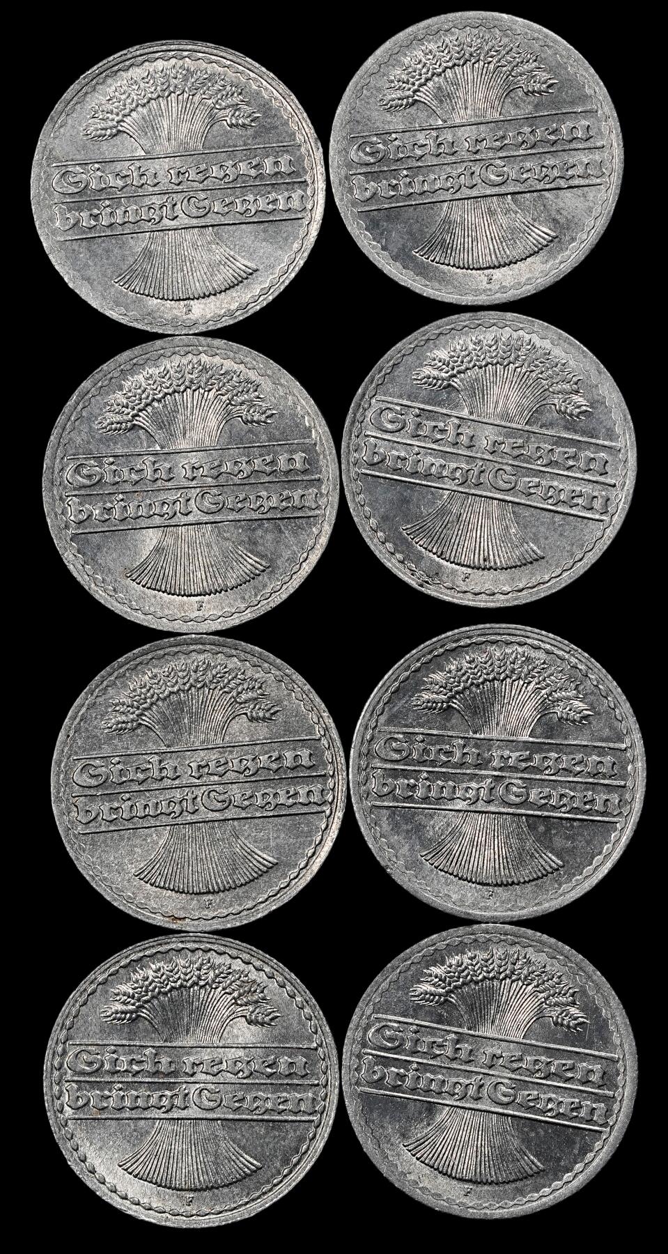 修遠堂世界钱币第101期 1921年德国50芬尼铝币一组， F厂铭，原卷出，完全未流通