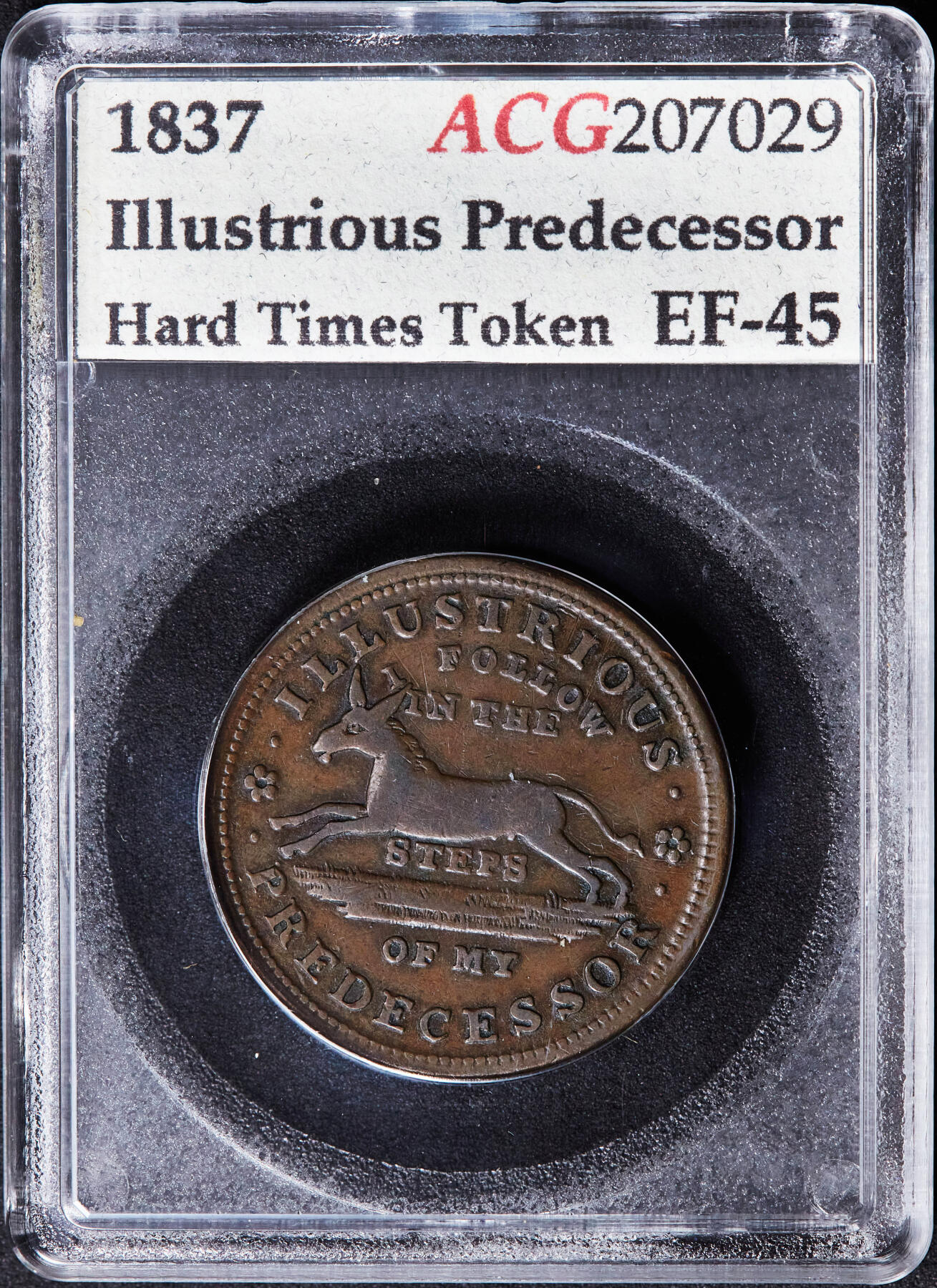 【俄甄集藏】“万象更新、马呈祥瑞”迎新春俄甄精品场-2026年(047)01-21 星期三 晚 19:30 全场包邮 美国1837年困难时期“杰出先驱”龟羊讽刺代用铜币，ACG EF45，经典品种，盒体有裂