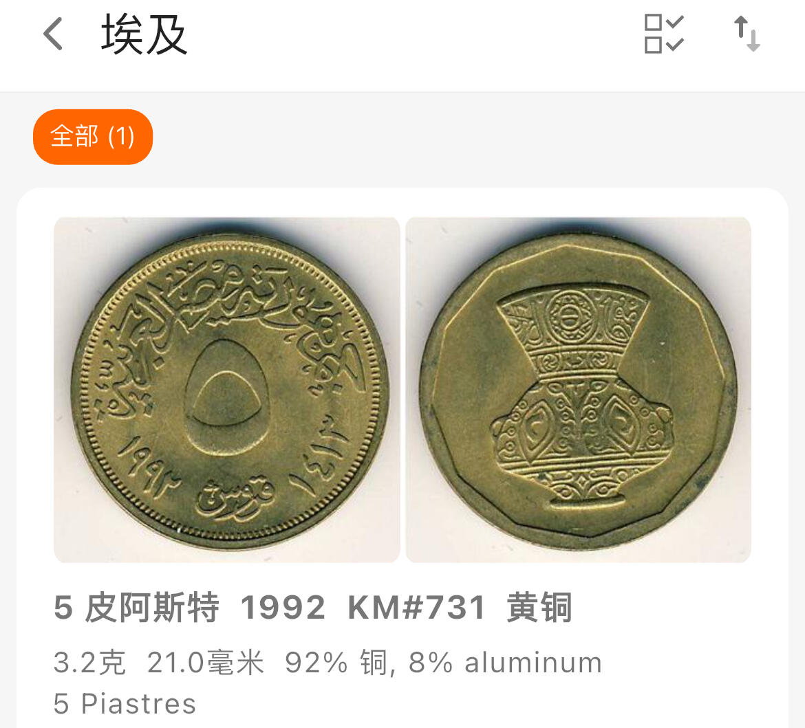回流0120 全新 埃及1992年5皮阿斯特铜币 宝瓶