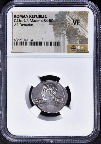【俄甄集藏】“万象更新、马呈祥瑞”迎新春俄甄精品场-2026年(047)01-21 星期三 晚 19:30 全场包邮 - 古罗马共和国公元前84年健康之神维吉奥斯1第纳尔银币 ，NGC VF，打制于罗马城，正面是投掷闪电的健康之神维吉奥斯，背面是智慧女神密涅瓦持矛盾站在驷马战车上，少见品种