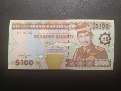 2026一月第三期，总213期 - 文莱1996版100令吉UNC-，中年苏丹博尔吉亚和斯里巴加湾国际机场