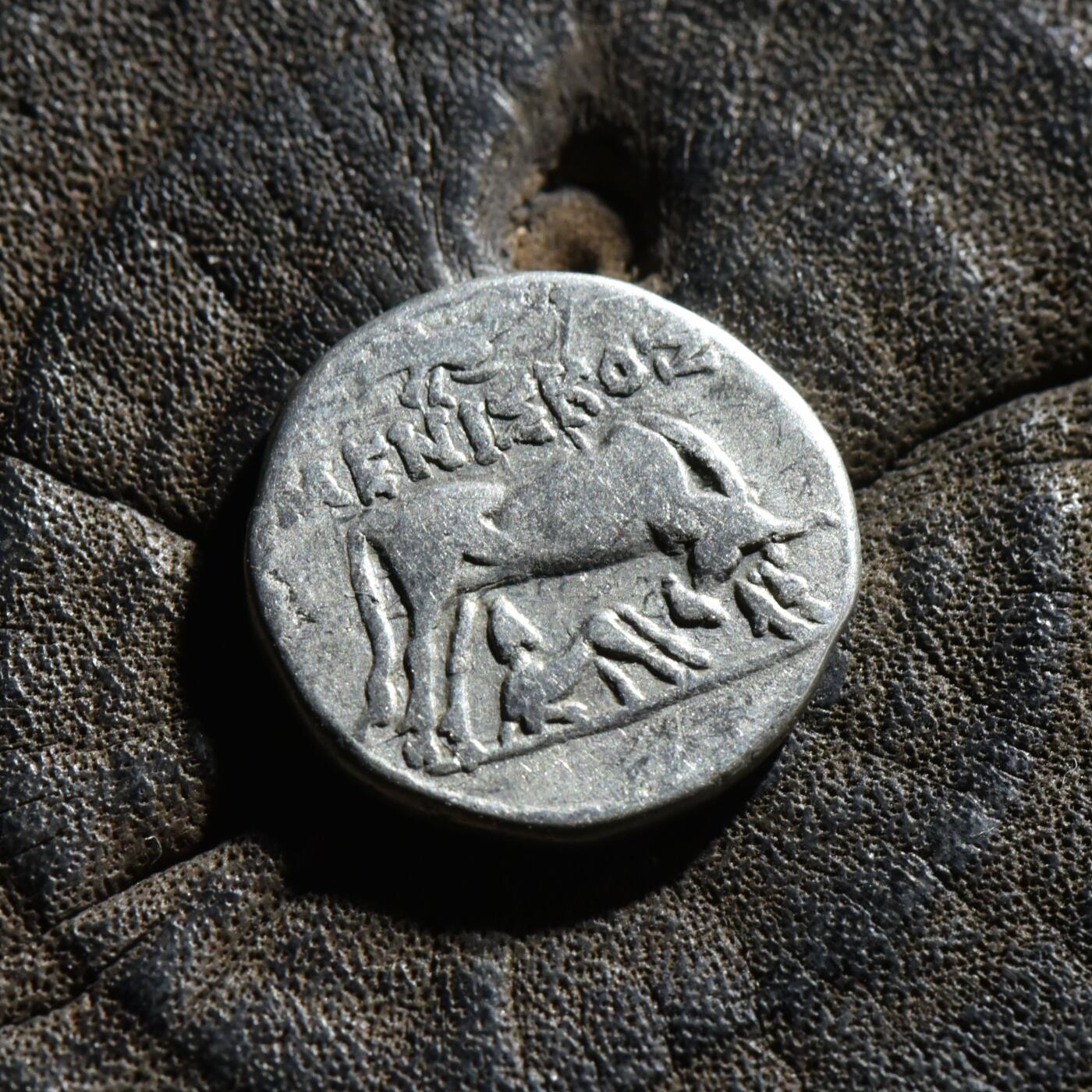 【良泉】【春节前最后一场】2月5日晚19.30点开拍！208组，本场结束后预存钱币的朋友请告知，将连同本场拍品一起邮寄，预祝诸位春节愉快！ 【藏家出品B】古希腊 伊利里亚地区 约公元前229-100年 母牛育犊背星盘 一德拉克马银币，3.22克