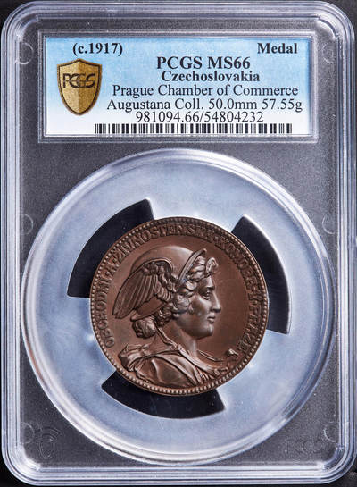 【俄甄集藏】“万象更新、马呈祥瑞”迎新春俄甄精品场-2026年(047)01-21 星期三 晚 19:30 全场包邮 - 捷克斯洛伐克1917年纪念布拉格工商业贸易委员会大铜章，PCGS MS66，设计精美，毫无疑问冠军分数，直径：50mm