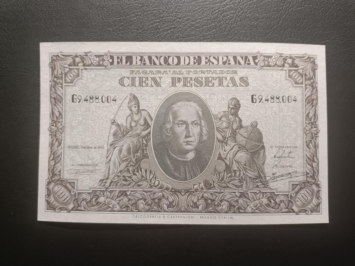 2026一月第三期，总213期 西班牙1940版100比塞塔UNC，哥伦布和国徽，稀有的佛朗哥执政初期品种