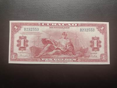 2026一月第三期，总213期 - 荷属库拉索1947年1盾AUNC无47，轮船环绕的商业神墨丘利和总督府徽章，稀有荷属领地品种