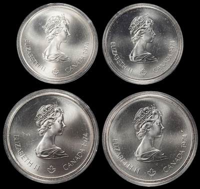 修遠堂世界钱币第101期 - 1974年加拿大蒙特利尔奥运会5，10加元大银币一套4枚，BU品，原盒，总重145.80g，925银