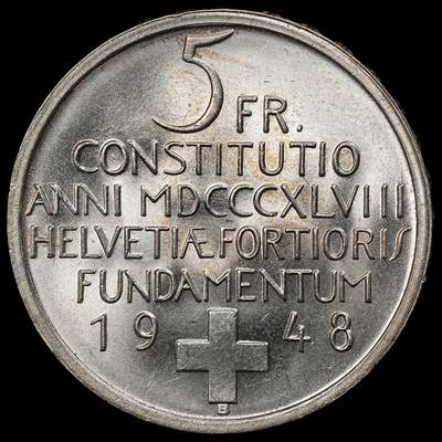 修遠堂世界钱币第101期 -  1948 年瑞士-新宪法颁布5法郎纪念银币，15.00g，含银83.5%，未流通