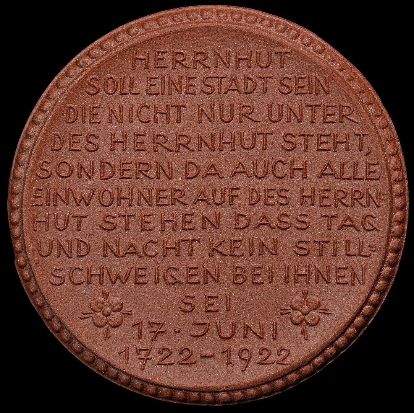 修遠堂世界钱币第101期  1922 年德国赫尔恩胡特（Herrnhut）地区纪念性应急陶瓷货币（纪念赫尔恩胡特建城 200 周年），完全未流通，40.91mm，10.56g