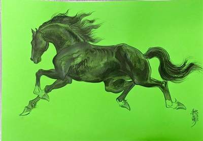 白泽拍卖卡牌手绘专场第31期（岁寒知松柏 春意已可期） - 2025 独行正明手绘画 一马当先 尺寸：41.7cm*29.5cm  独行正明亲签