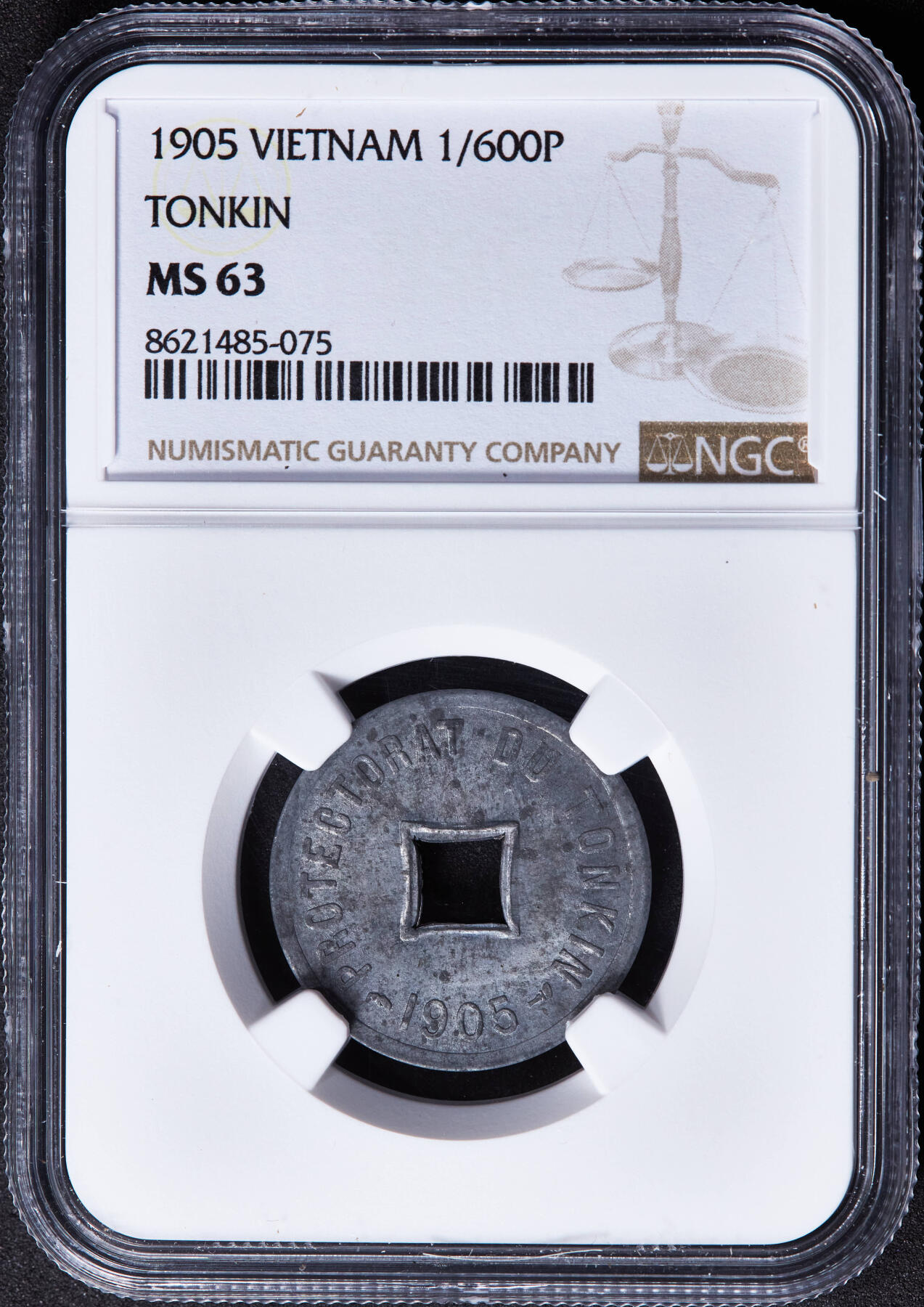 【俄甄集藏】“万象更新、马呈祥瑞”迎新春俄甄精品场-2026年(047)01-21 星期三 晚 19:30 全场包邮 法属印度支那东京湾1905年1/600皮阿斯特锌币，NGC MS63，原光品相