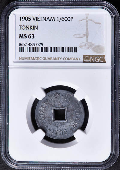 【俄甄集藏】“万象更新、马呈祥瑞”迎新春俄甄精品场-2026年(047)01-21 星期三 晚 19:30 全场包邮 - 法属印度支那东京湾1905年1/600皮阿斯特锌币，NGC MS63，原光品相