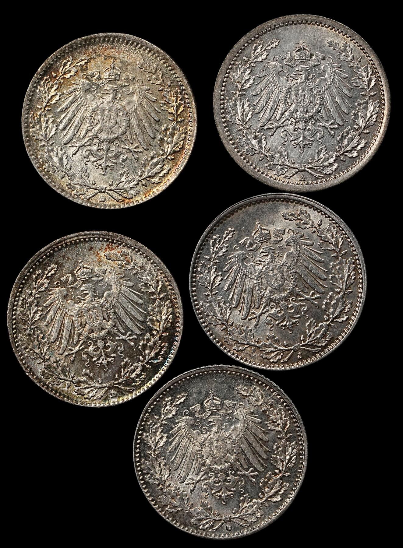 修遠堂世界钱币第101期 德国1/2马克银币一组，总重13.88g，含银90%