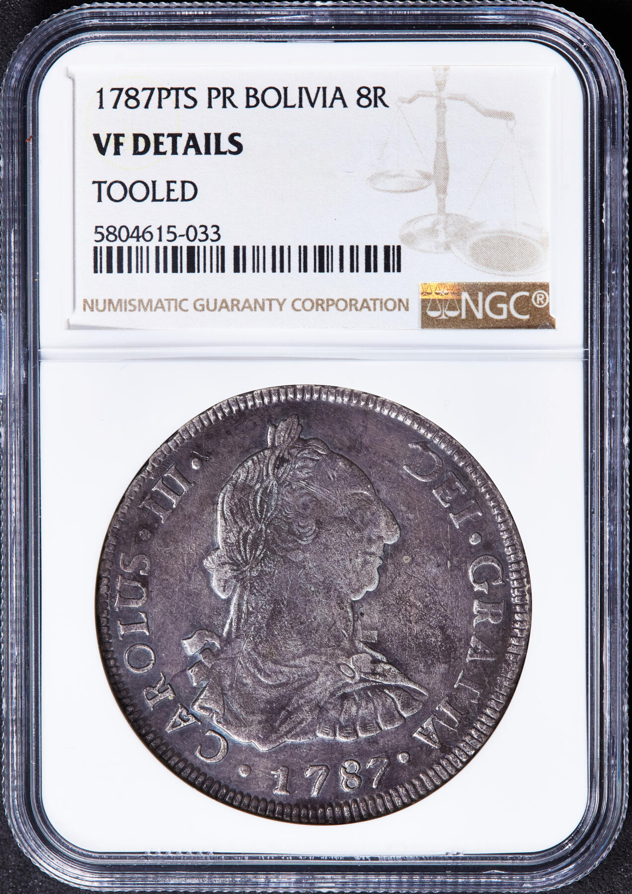 【俄甄集藏】“万象更新、马呈祥瑞”迎新春俄甄精品场-2026年(047)01-21 星期三 晚 19:30 全场包邮 西属玻利维亚1787年卡洛斯三世PTS PR版8里亚尔双柱大银币，NGC VFD，紫罗兰酱彩老包浆，味道难得