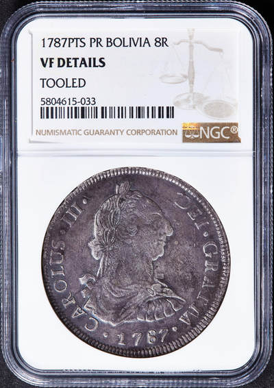 【俄甄集藏】“万象更新、马呈祥瑞”迎新春俄甄精品场-2026年(047)01-21 星期三 晚 19:30 全场包邮 - 西属玻利维亚1787年卡洛斯三世PTS PR版8里亚尔双柱大银币，NGC VFD，紫罗兰酱彩老包浆，味道难得