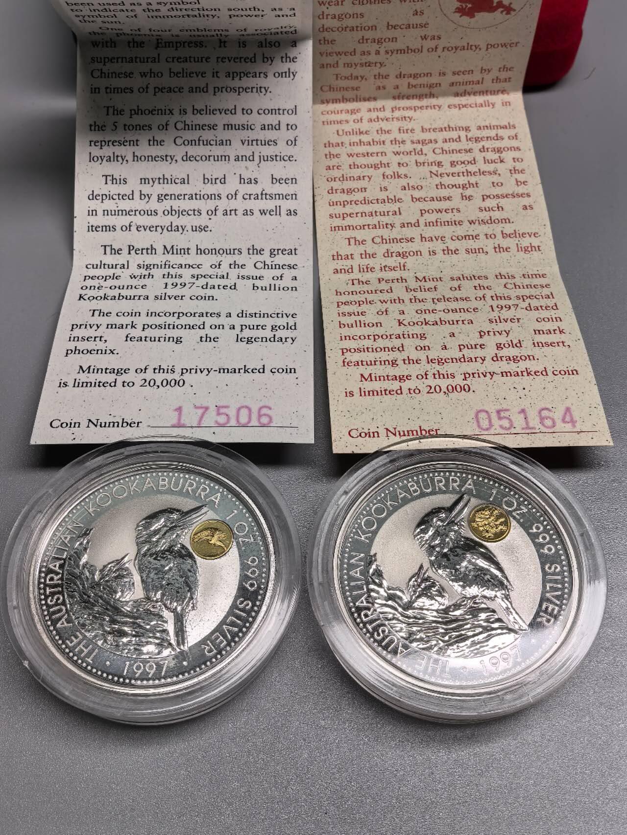 小驴勋章奖章收藏1月17日周六晚六点拍卖（珍爱和平，收藏战争，铭记历史，勿忘国耻，忠党爱国。有偿代拍，送拍规则在简介最后，参拍须阅读规则后再参拍，关系到运费包装发货时效真假辨别等关键信息，拍卖时不再发原图，看大图店主微信码在拍卖店铺介绍里） 澳大利亚一盎司龙凤镶金翠鸟图案纯银银币一对，带盒带证书