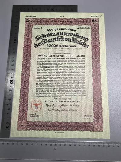 小驴勋章奖章收藏1月17日周六晚六点拍卖（珍爱和平，收藏战争，铭记历史，勿忘国耻，忠党爱国。有偿代拍，送拍规则在简介最后，参拍须阅读规则后再参拍，关系到运费包装发货时效真假辨别等关键信息，拍卖时不再发原图，看大图店主微信码在拍卖店铺介绍里） - 36年20000马克债券