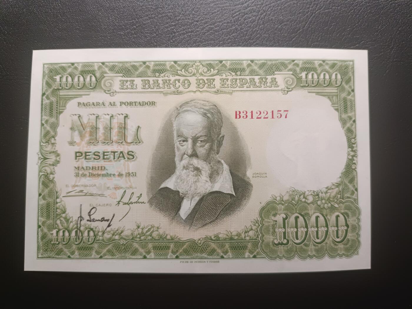 2026一月第三期，总213期 西班牙1951版1000比塞塔UNC-，画家华金和他的画作《巴伦西亚的婚礼》，少见早期大方块品种