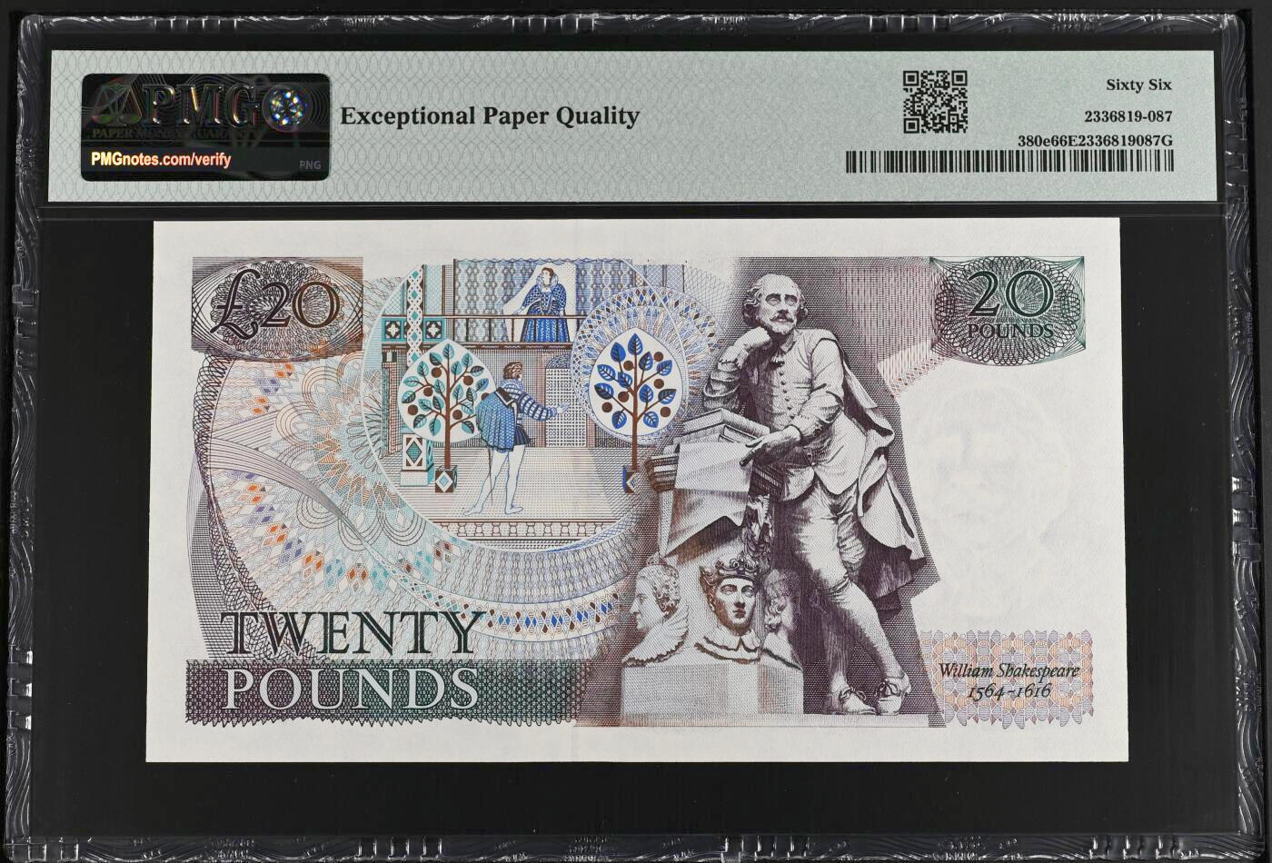 《艾美收藏》第229期-1.18周日外币荟萃 英国D序列1988-91年20镑PMG66E无47 Gill签名 莎士比亚水印 Pick#380e