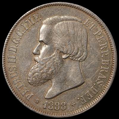修遠堂世界钱币第101期 -  1888年巴西帝国2000 雷斯（2000 REIS）大银币，25.56g，含银91.7%