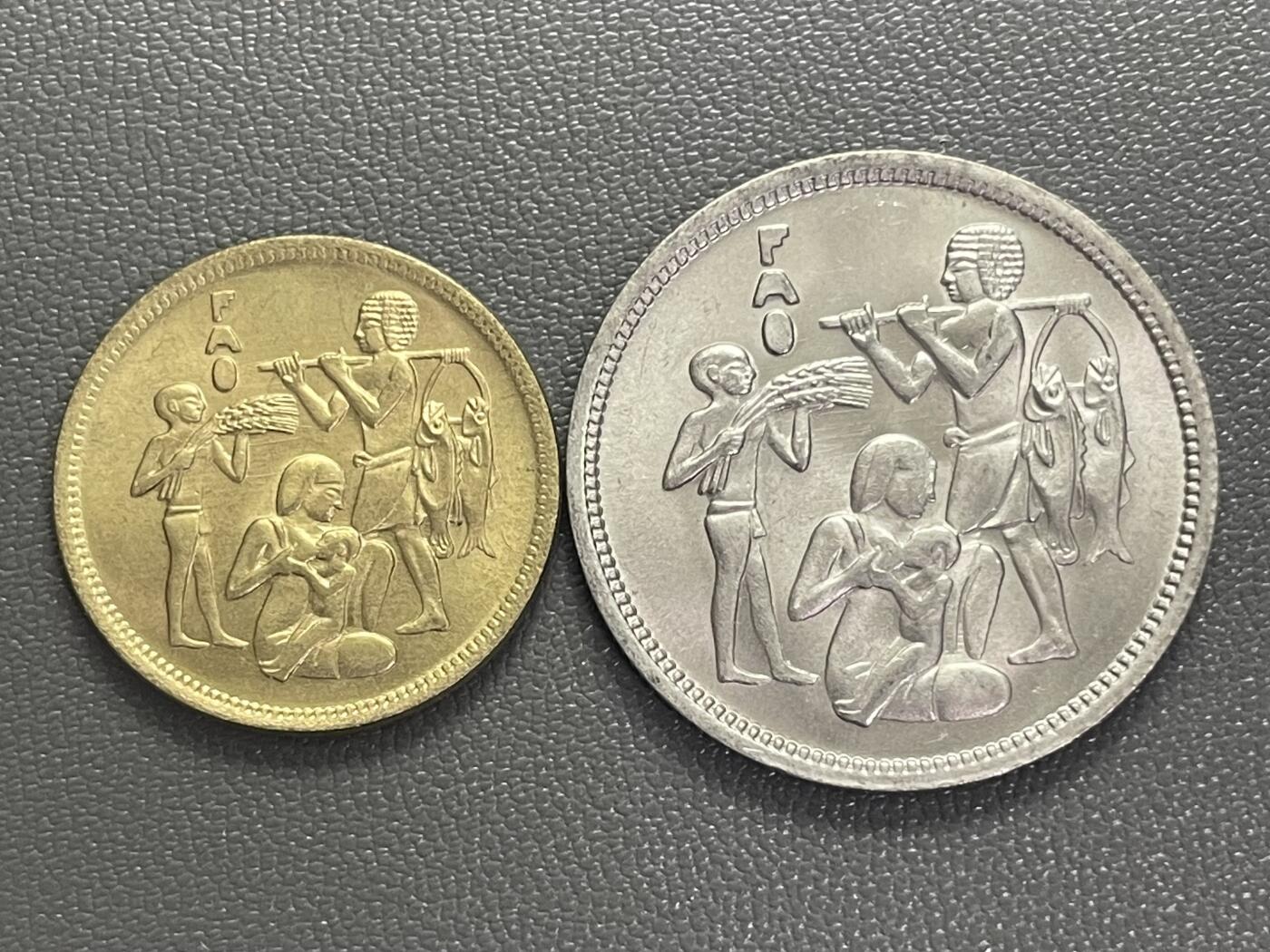回流0120 全新 埃及1975年5、10皮阿斯特FAO纪念币两枚