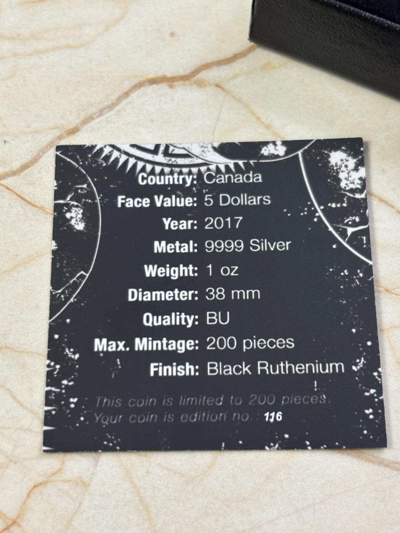 第188期拍卖 加拿大2017枫叶黑金帝国钌化骷髅1盎司黑钌银币，999银钌化，发行200枚