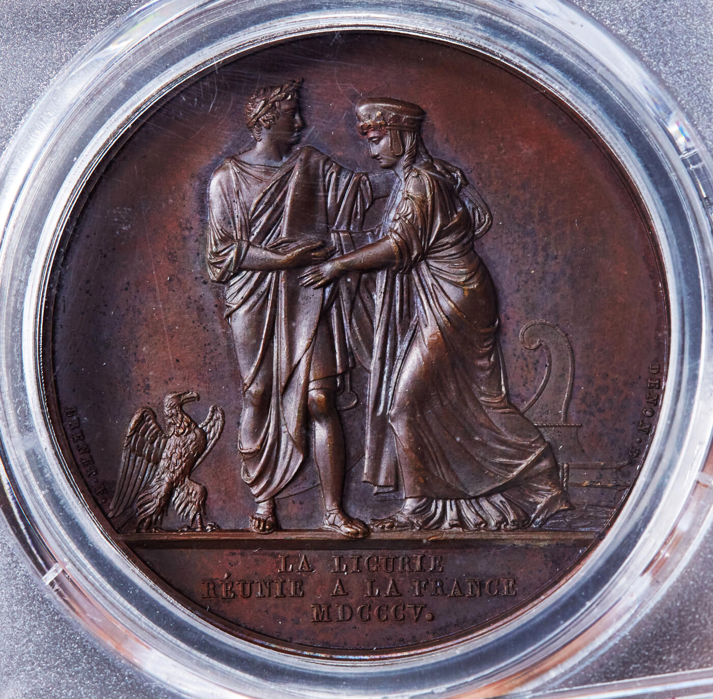 【俄甄集藏】“万象更新、马呈祥瑞”迎新春俄甄精品场-2026年(047)01-21 星期三 晚 19:30 全场包邮 法国1805南拿破仑帝国纪念吞并意大利利古里亚大铜章，PCGS SP64，高浮雕，巧克力包浆，少见品种，亚军