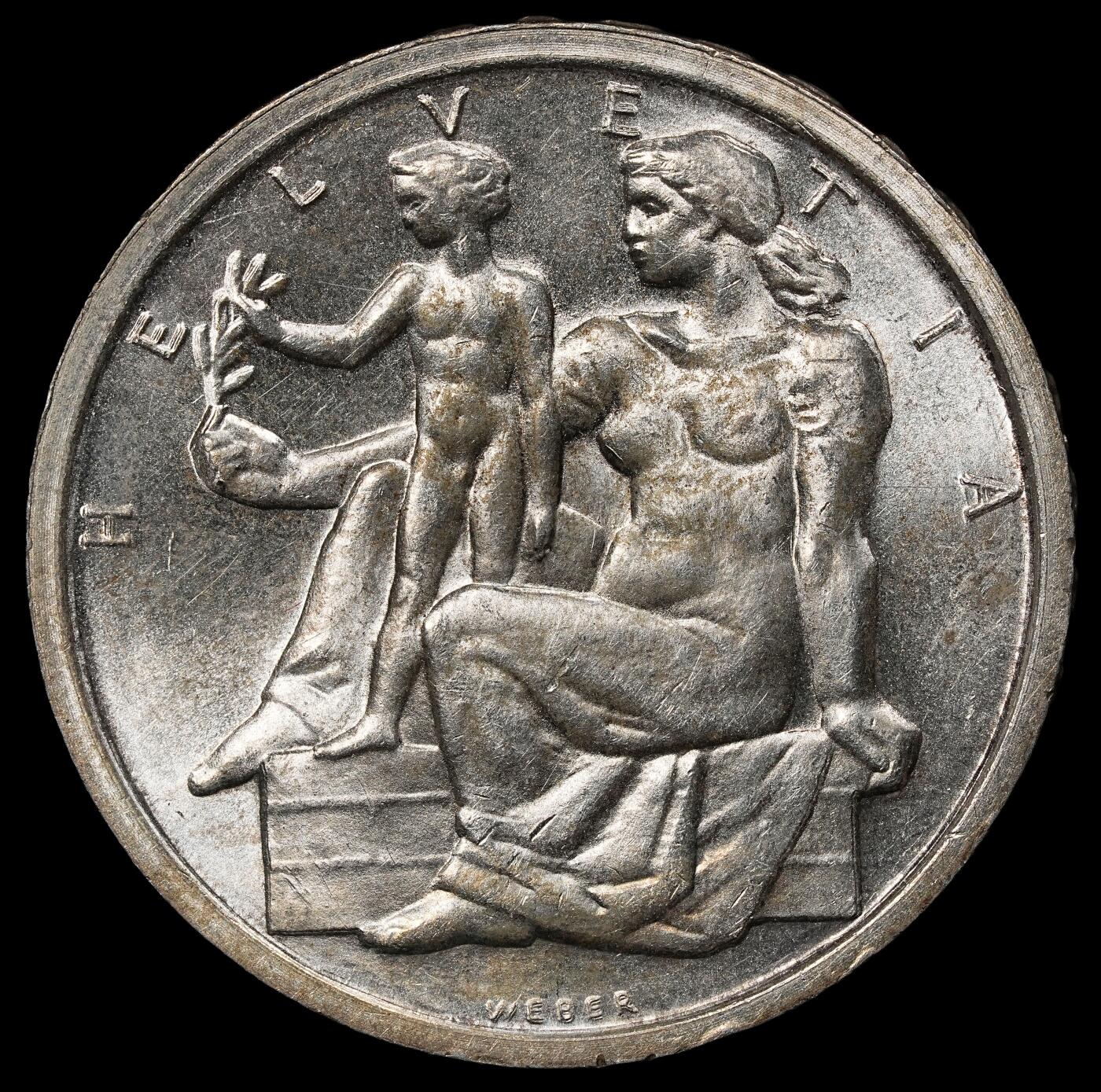 修遠堂世界钱币第101期  1948 年瑞士-新宪法颁布5法郎纪念银币，15.00g，含银83.5%，未流通