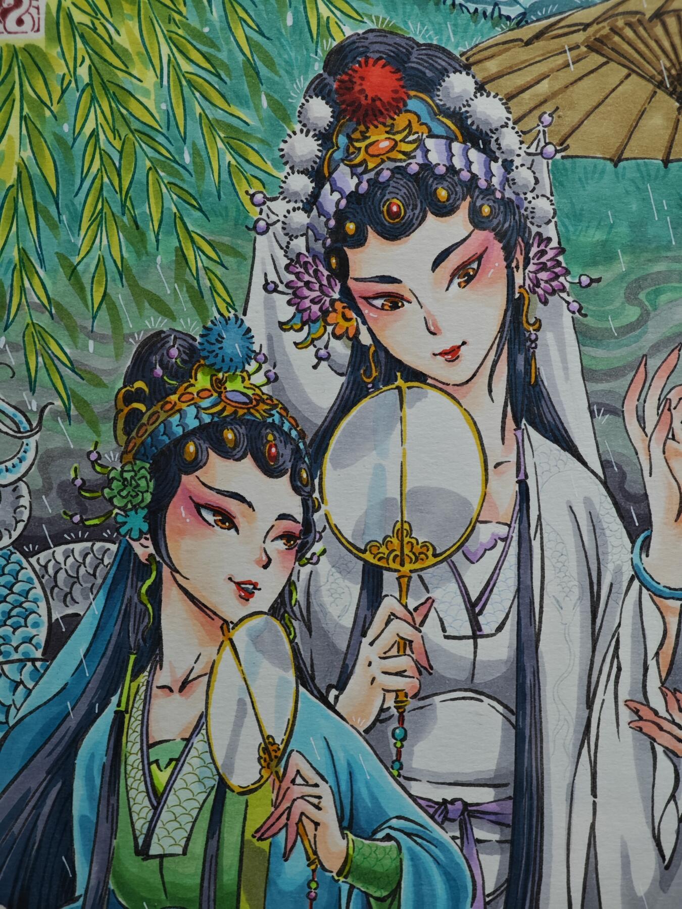 白泽拍卖卡牌手绘专场第31期（岁寒知松柏 春意已可期） 2025 李尊奇手绘画 白蛇传游湖借伞 已装裱 尺寸：内23.5cm*35.8cm 外30cm*42cm  李尊奇亲签