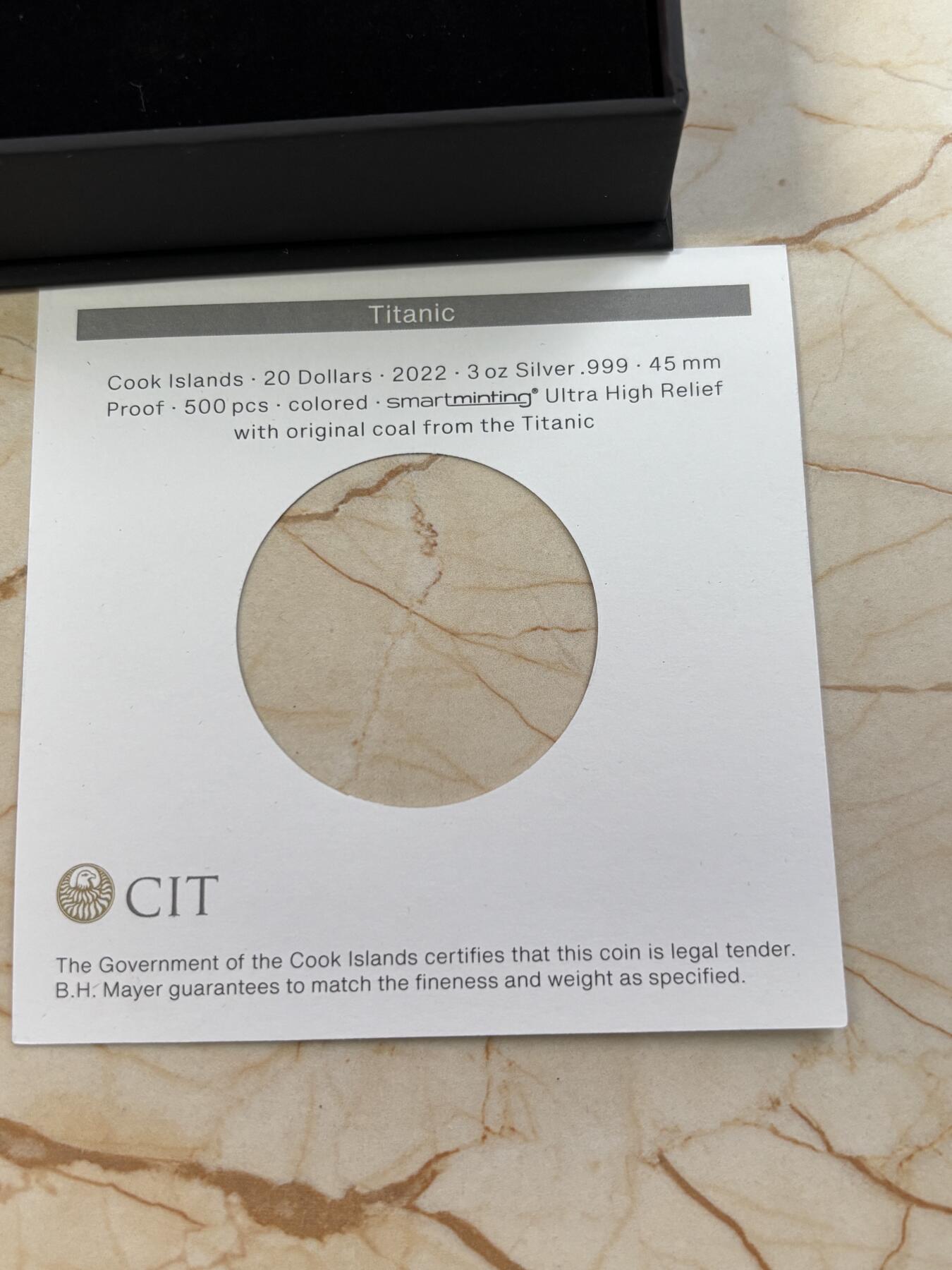 第188期拍卖 库克2022年泰坦尼克号110周年3盎司镶嵌煤块彩银币，999银，发行500枚