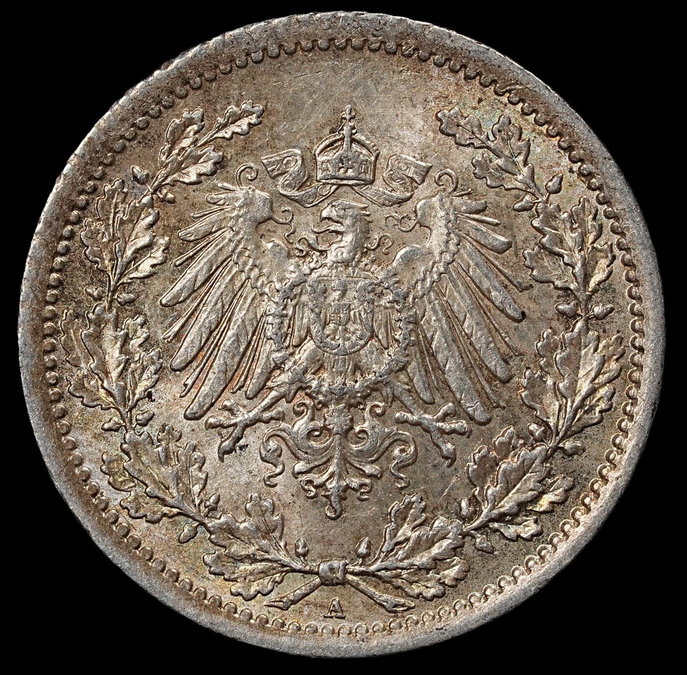 修遠堂世界钱币第101期 1914年德国1/2马克银币 A厂铭，未流通，2.77g，含银90%