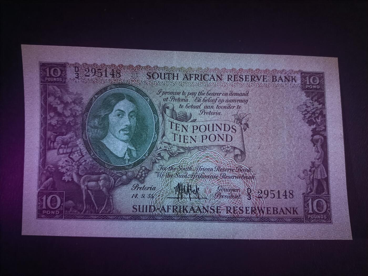 2026一月第三期，总213期 南非1955年10镑UNC-英文在上版本，稀有的次高面值，范里贝克和工厂