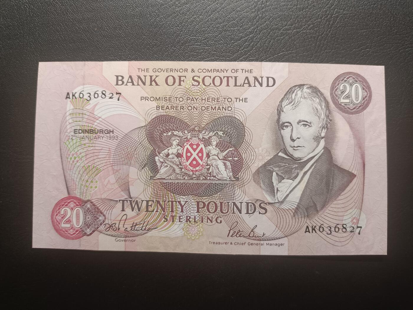 2026一月第三期，总213期 苏格兰银行1993年20镑UNC微潮，稀有早期中高面值品种，诗人沃尔特斯科特和爱丁堡