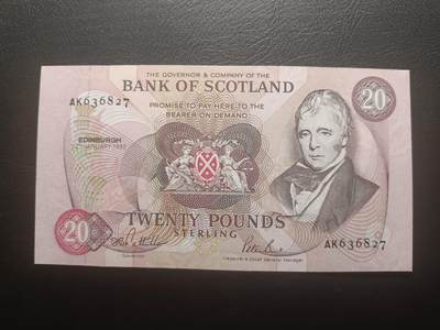 2026一月第三期，总213期 - 苏格兰银行1993年20镑UNC微潮，稀有早期中高面值品种，诗人沃尔特斯科特和爱丁堡