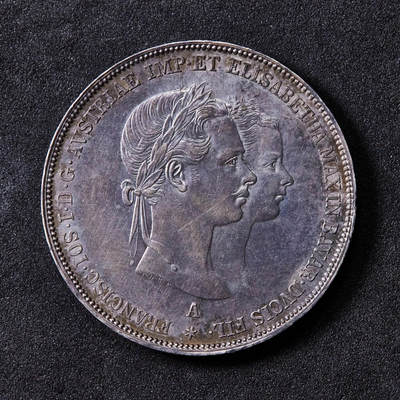 【俄甄集藏】“万象更新、马呈祥瑞”迎新春俄甄精品场-2026年(047)01-21 星期三 晚 19:30 全场包邮 - 奥地利1854年A版弗朗茨一世与茜茜公主结婚纪念2盾大银币，紫罗兰酱彩老包浆，名誉品种