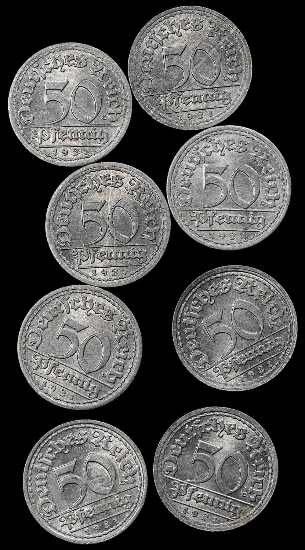 修遠堂世界钱币第101期 1921年德国50芬尼铝币一组， F厂铭，原卷出，完全未流通