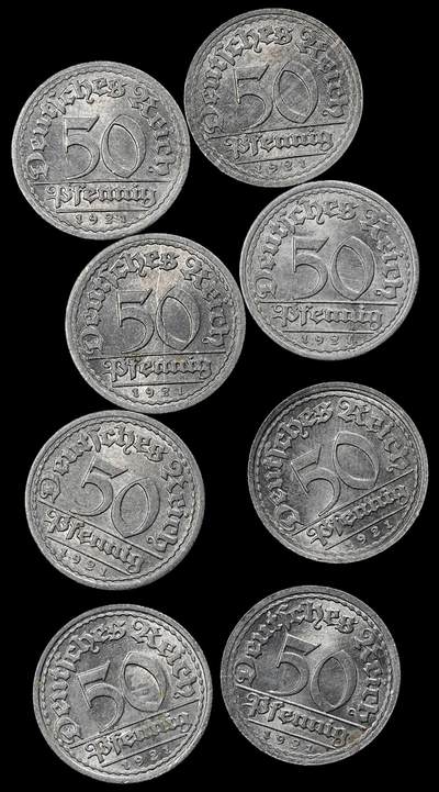 修遠堂世界钱币第101期 - 1921年德国50芬尼铝币一组， F厂铭，原卷出，完全未流通