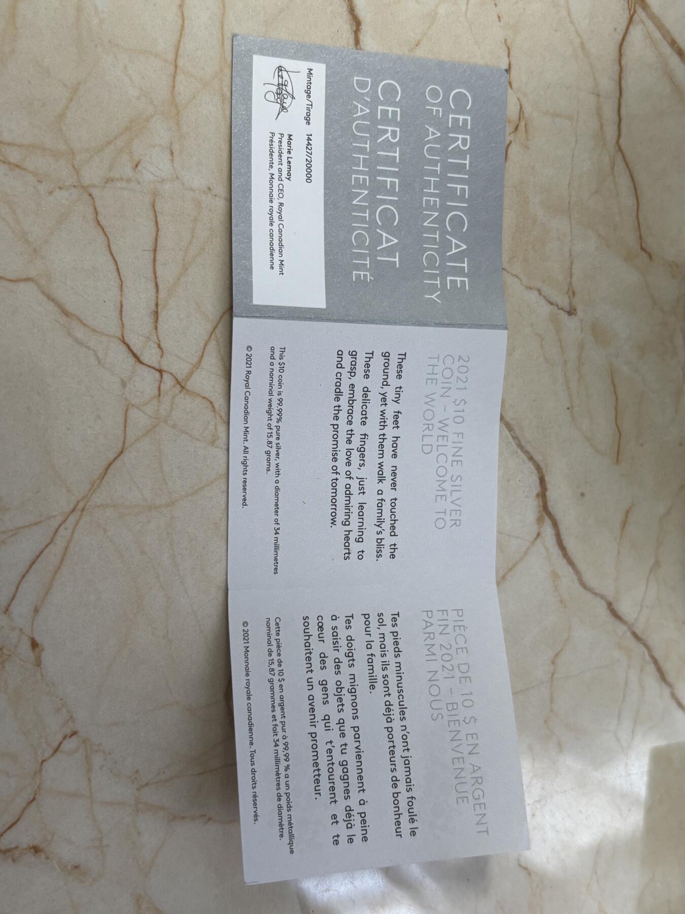 第188期拍卖 加拿大2021欢迎来到这个世界系列宝宝小脚丫银币半盎司，9999银，发行20000枚，盒子有压坏