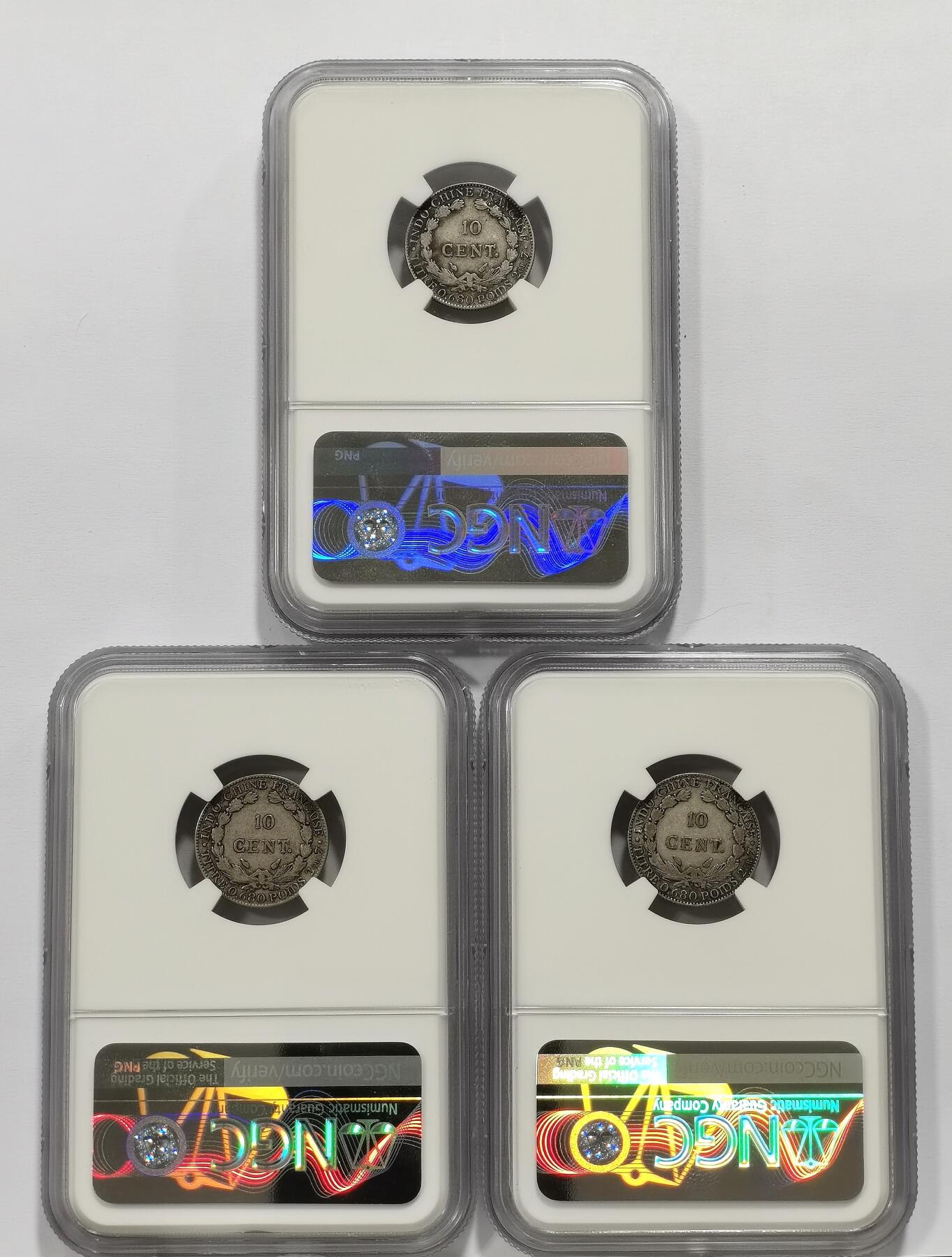 博洋堂世界钱币拍卖第157期（全场包邮） NGC VF30/XF45 法属印支1937年坐洋10分银币一组3枚