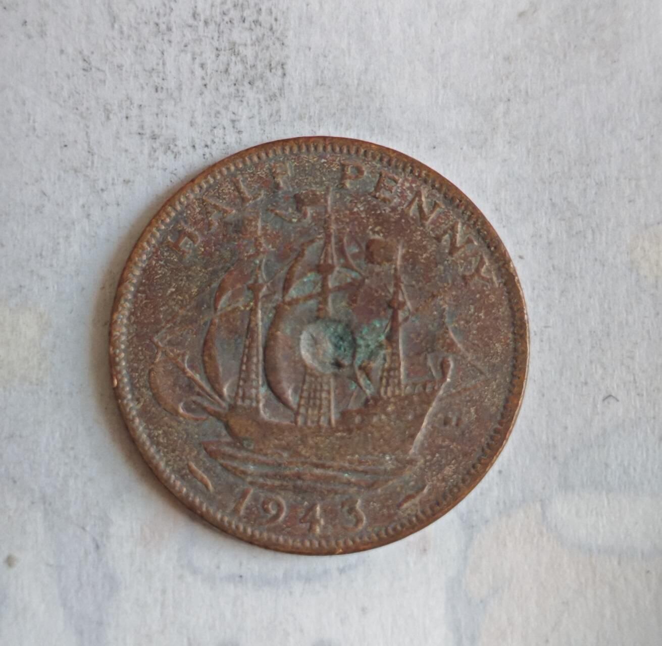 外国硬币 英国1948年乔治六世时期半便士（Half Penny）- 核心图案为“金鹿号”帆船