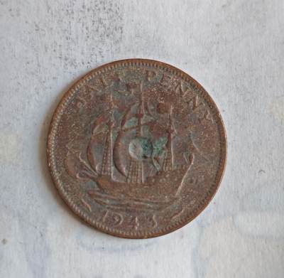 外国硬币 - 英国1948年乔治六世时期半便士（Half Penny）- 核心图案为“金鹿号”帆船