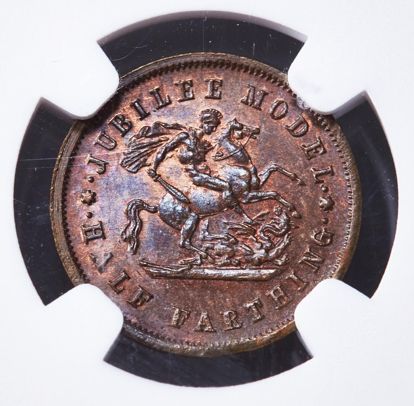 【俄甄集藏】“万象更新、马呈祥瑞”迎新春俄甄精品场-2026年(047)01-21 星期三 晚 19:30 全场包邮 英国1887年维多利亚高冠版1/2法新试机模具代用铜币3枚一组，NGC AU58-MS64RB，转光品相