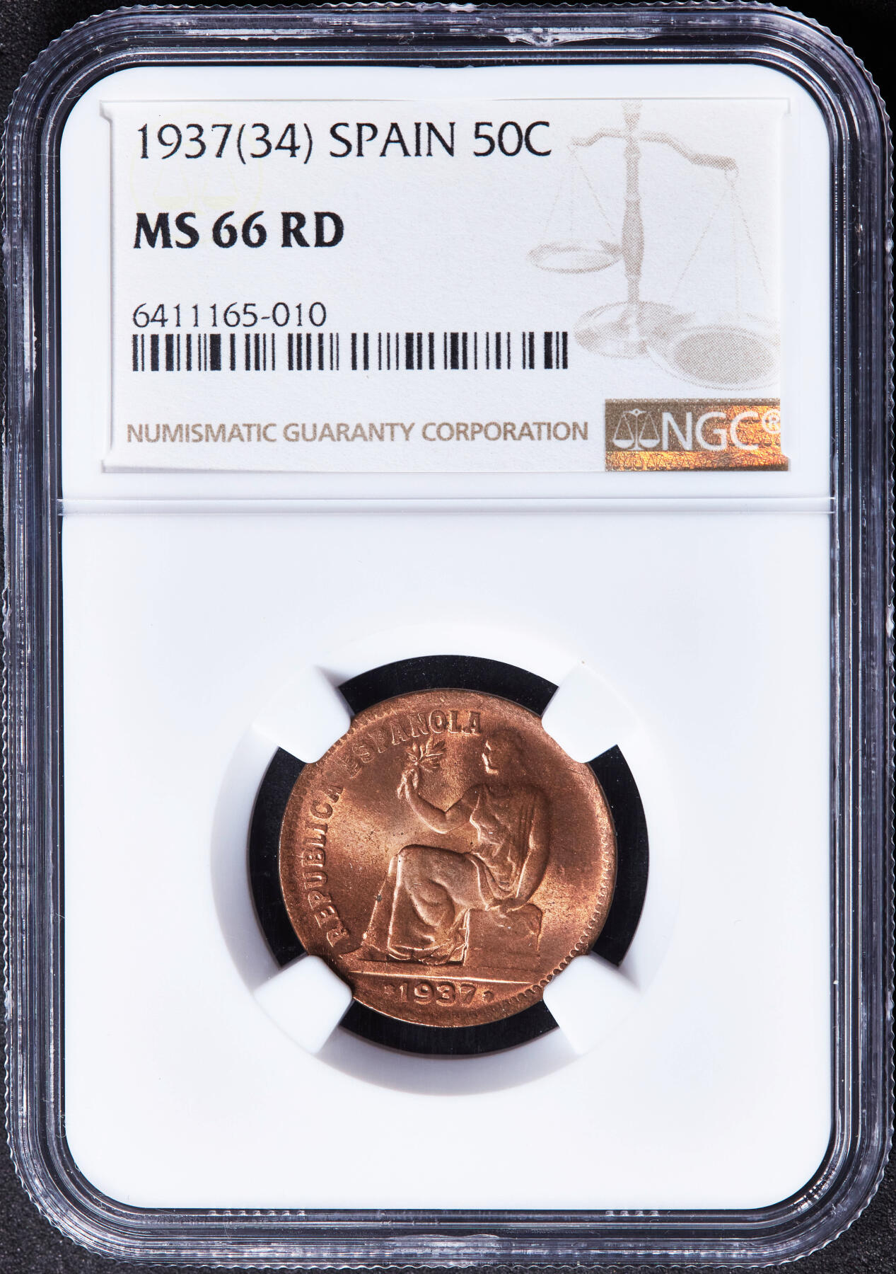 【俄甄集藏】“万象更新、马呈祥瑞”迎新春俄甄精品场-2026年(047)01-21 星期三 晚 19:30 全场包邮 西班牙1937年内战时期骑字版女神坐像50分铜币，NGC MS66RD，原铜光，车轮转光，顶级状态，冠军分，保存不易