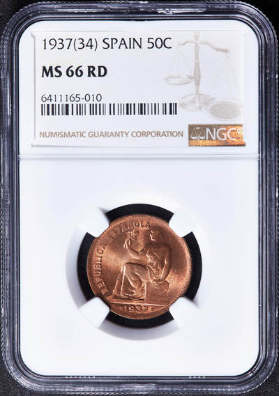 【俄甄集藏】“万象更新、马呈祥瑞”迎新春俄甄精品场-2026年(047)01-21 星期三 晚 19:30 全场包邮 - 西班牙1937年内战时期骑字版女神坐像50分铜币，NGC MS66RD，原铜光，车轮转光，顶级状态，冠军分，保存不易