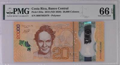 《艾美收藏》第229期-1.18周日外币荟萃 - 哥斯达黎加2018(ND2020)年新版塑料钞首发B0冠20000科朗PMG66E高分长号码无4尾8 动物题材 配色漂亮