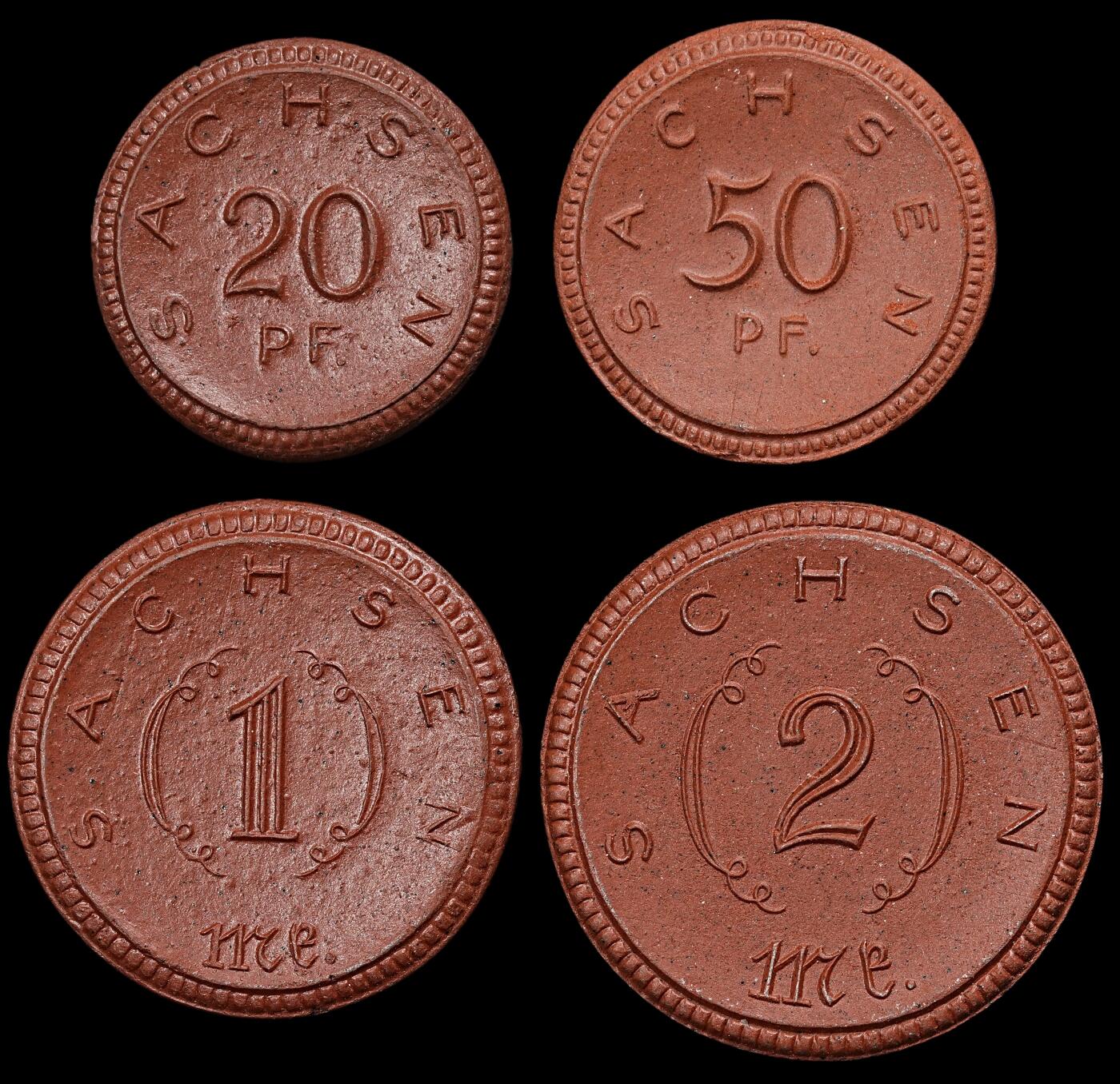 修遠堂世界钱币第101期 1921年德国紧急时期萨克森陶瓷币四枚 完全未流通