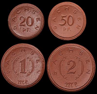 修遠堂世界钱币第101期 - 1921年德国紧急时期萨克森陶瓷币四枚 完全未流通