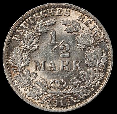 修遠堂世界钱币第101期 - 1916年德国1/2马克银币 A厂铭，未流通，2.77g，含银90%