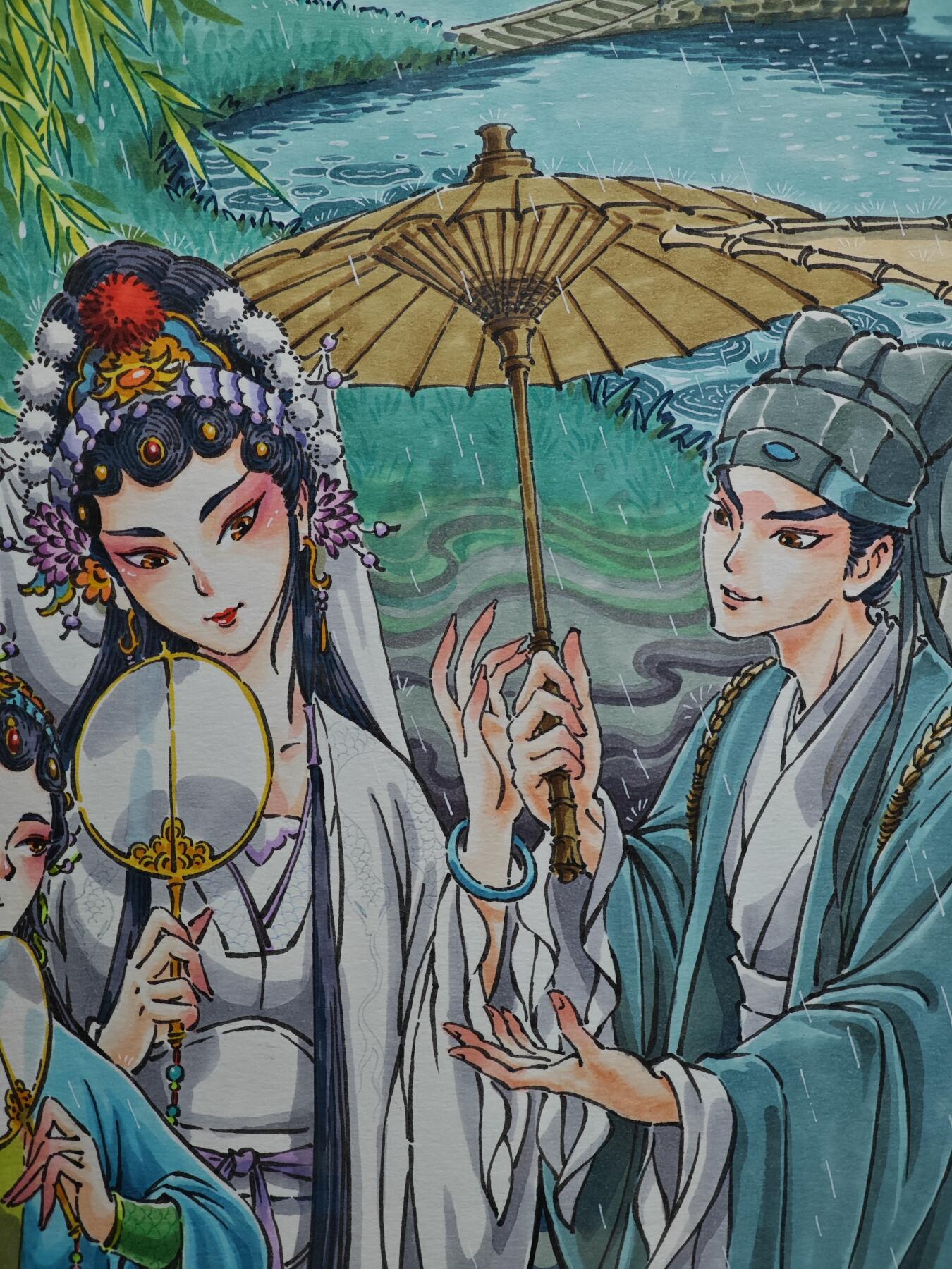 白泽拍卖卡牌手绘专场第31期（岁寒知松柏 春意已可期） 2025 李尊奇手绘画 白蛇传游湖借伞 已装裱 尺寸：内23.5cm*35.8cm 外30cm*42cm  李尊奇亲签