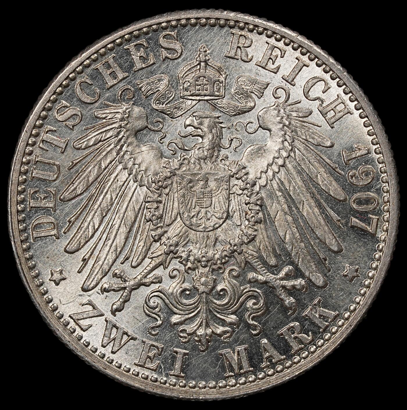 修遠堂世界钱币第101期 1907年巴登2马克银币，带光，11.08g，含银90%