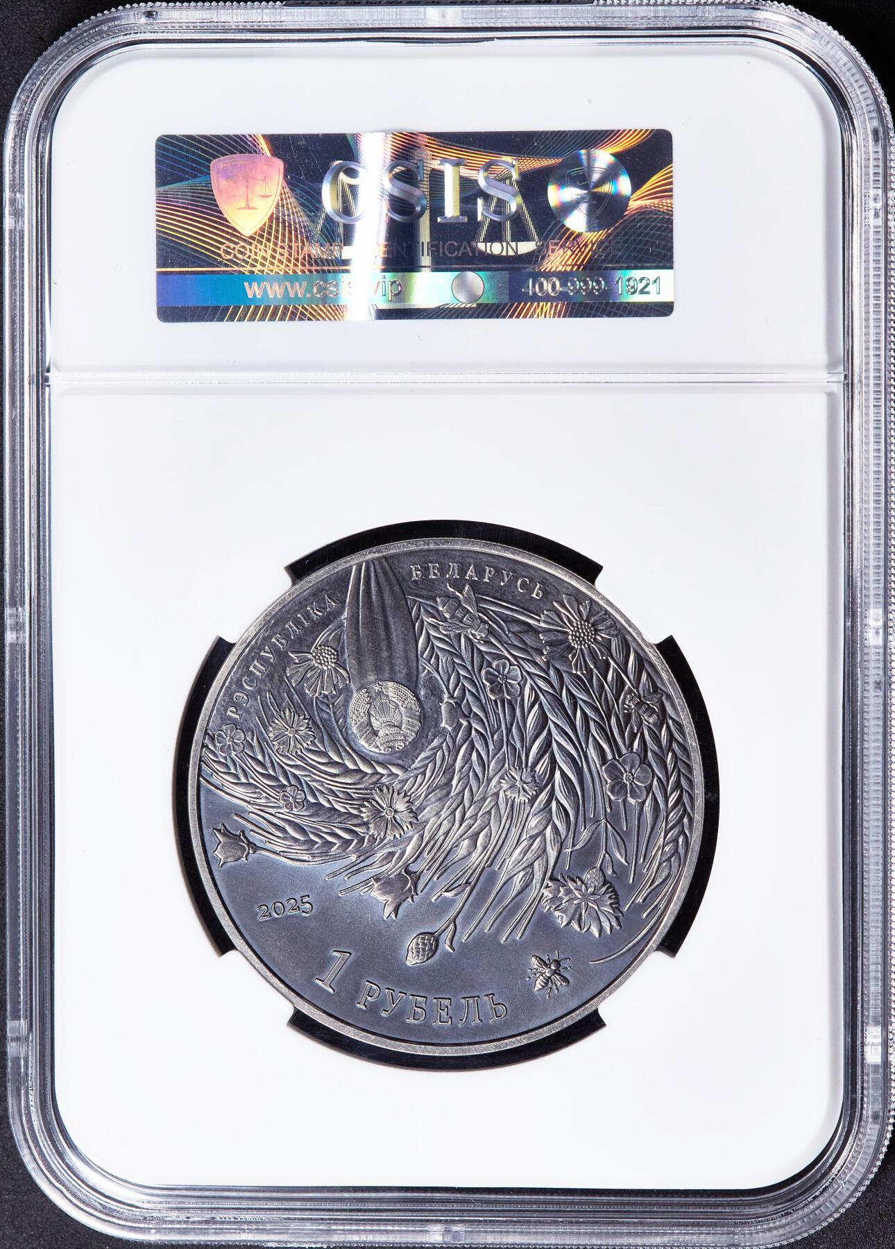 【俄甄集藏】“万象更新、马呈祥瑞”迎新春俄甄精品场-2026年(047)01-21 星期三 晚 19:30 全场包邮 白俄罗斯2025年纪念世界反法西斯胜利80周年1卢布仿古纪念币，信泰 MS69，热门品种，康乃馨的红色点睛之笔，直径50mm，重57克，发行量5000枚